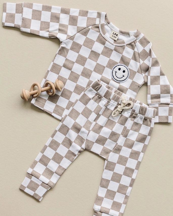 Checkered Smiles Lounge Set - Latte